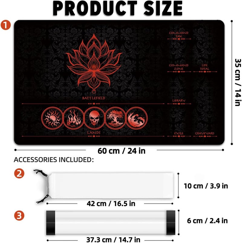 FROGIGO MTG Playmat with Play Zones – Magic Play mat Card Game Mat for Magic The Gathering, Lotus & Basic Lands Design, 24x14 inch, Stitched Edge, Non-Slip Base with Prismatic Playmat Tube-Red Zone - Image 2